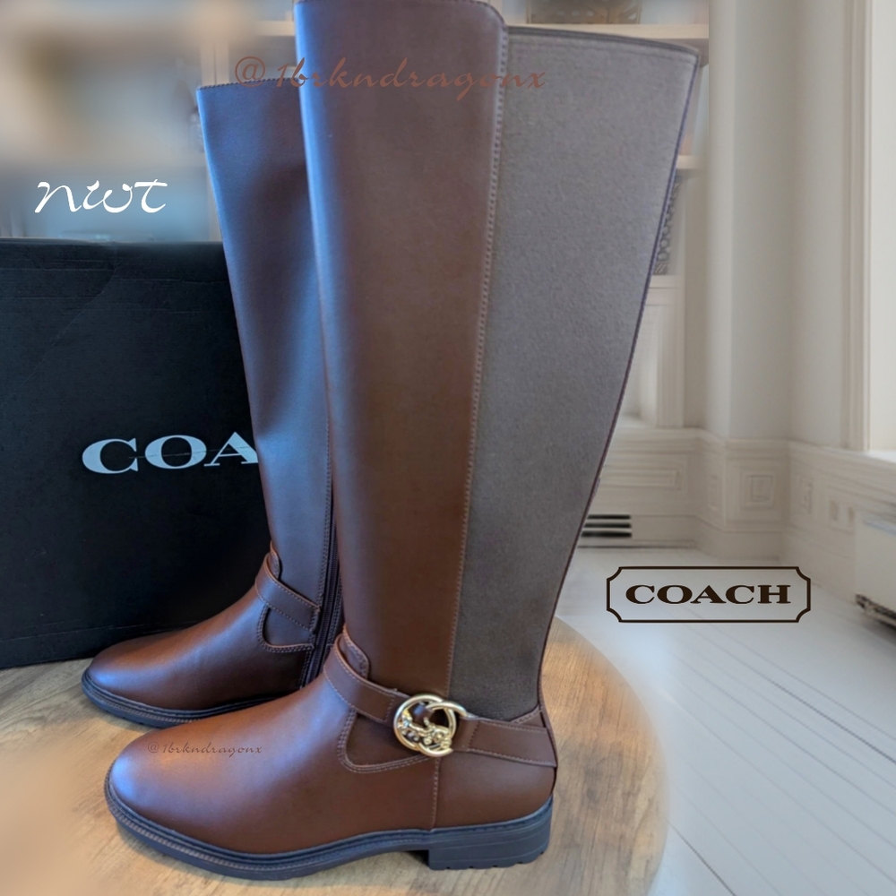 NWT Genuine Leather Risinf Boot Coach Brown Luggage Gold Embellished Boots - Picture 5 of 7